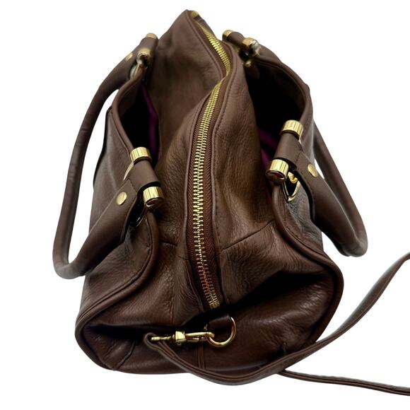 B. Makowsky Brown Glove Leather Satchel with Gold Hardware & Plum Lining - Picture 7 of 11